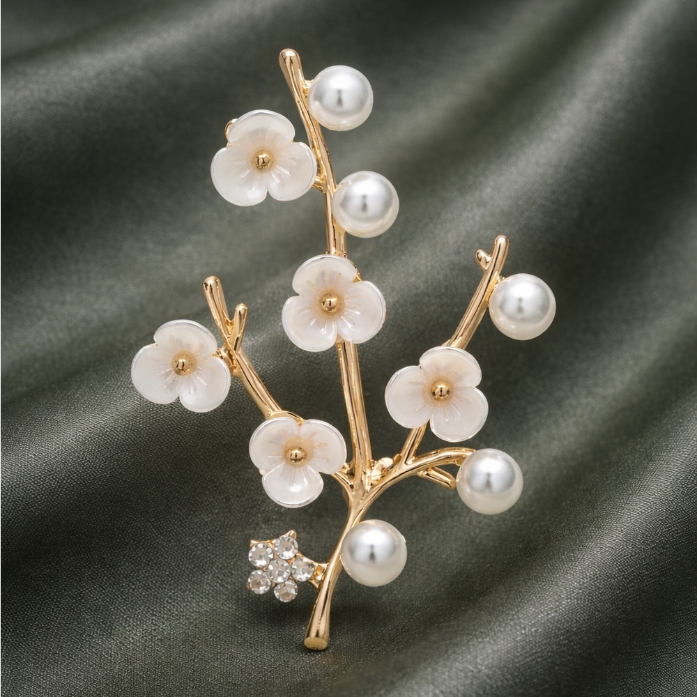 Cherry Blossom Gold Pearl Floral Brooch